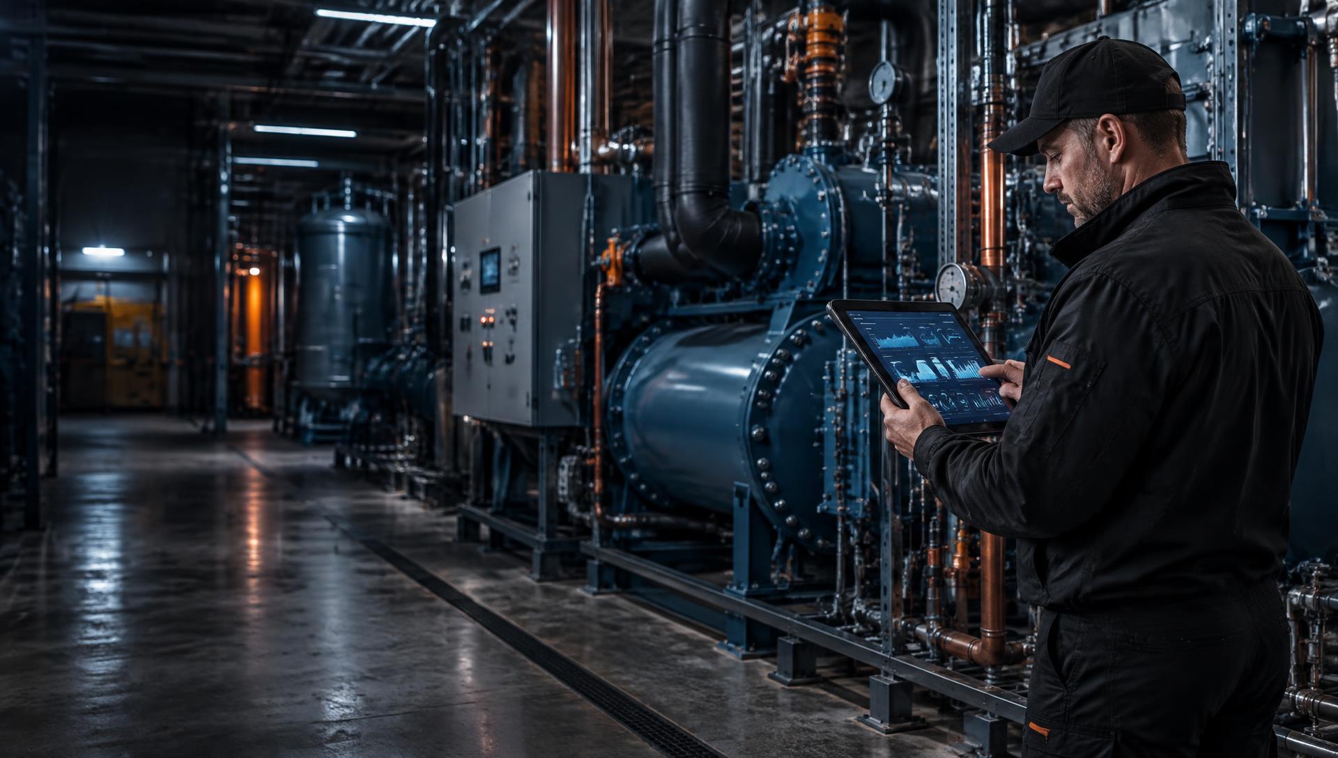HVAC technician inspecting industrial equipment